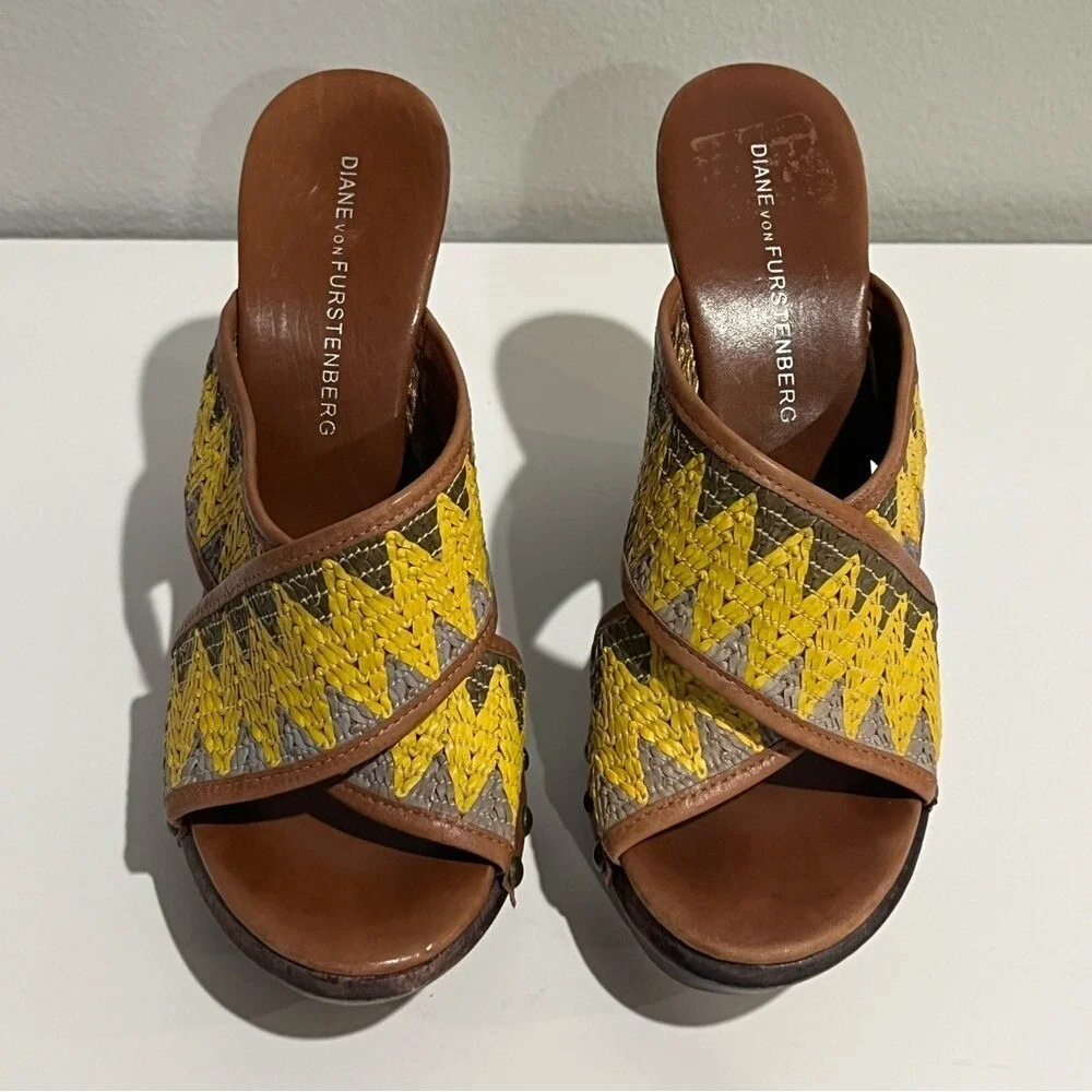 Diane Von Furstenberg Yellow‎ Woven Strap Platform Wood Wedge Sandals Sz 5.5